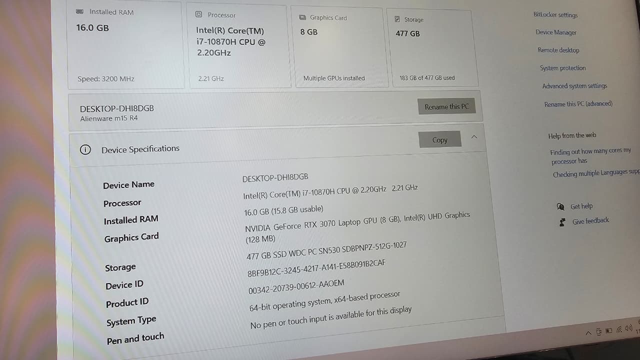 Dell Alienware M15 R4 | Gaming | Comet Lake | 10th Gen Core i7 | 16+512 | 8GB NVIDIA GeForce RTX3070 GDDR6 | 15.6" Full HD 300Hz 300nits Display - Image 9